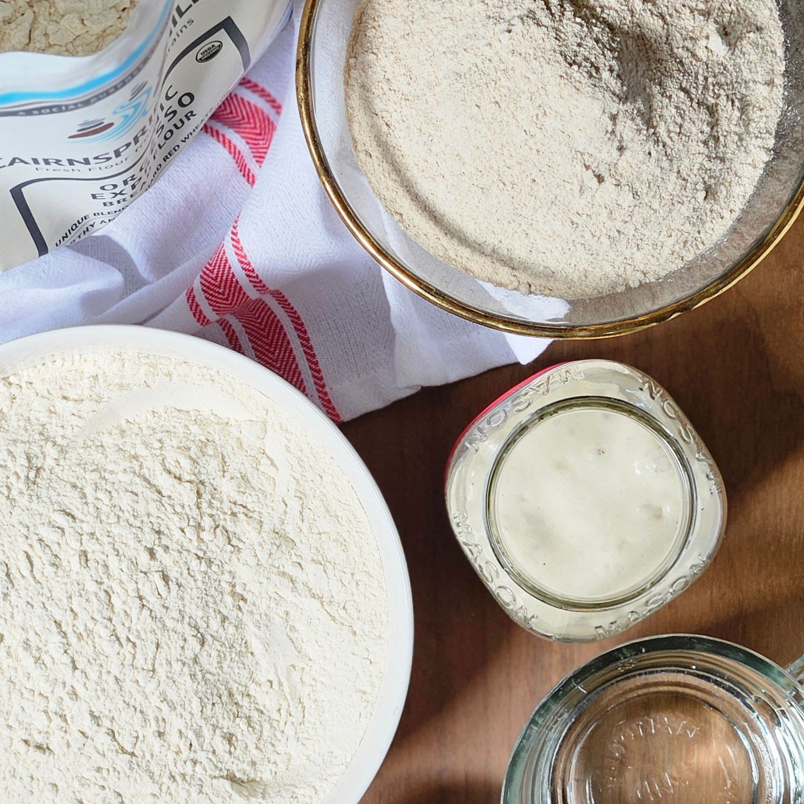 Overhead shot of flour, water, salt and starter.  The components that make up our bread.